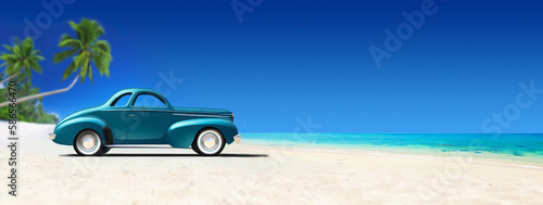 Illustration of a vintage classic car standing on a tropical beach, daytime, side view, copy space, wide banner