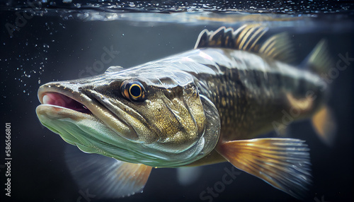 Close-up shut of a zander fish under water Ai generated image photo