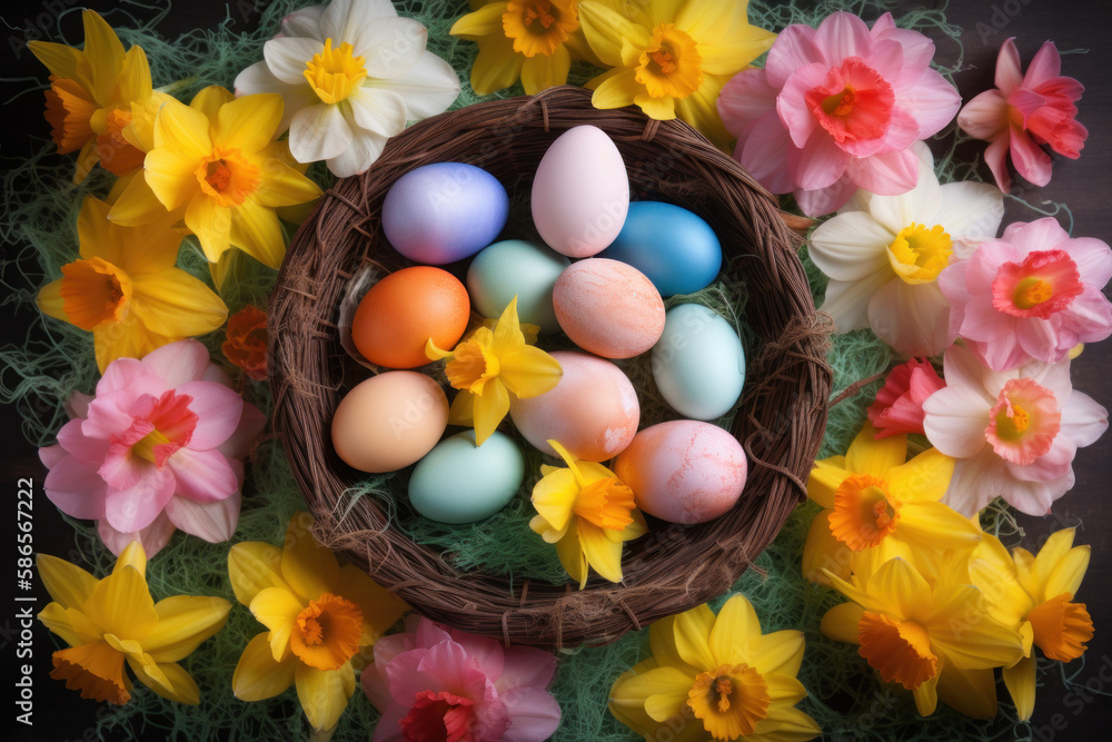 Easter eggs and Spring flowers created with Generative AI Easter eggs and Spring flowers created with Generative AI