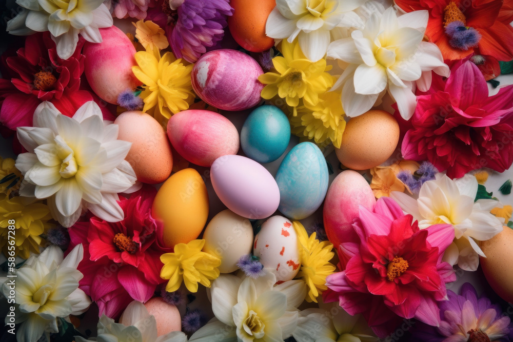 Colorful Easter eggs and flowers created with Generative AI Colorful Easter eggs and flowers created with Generative AI