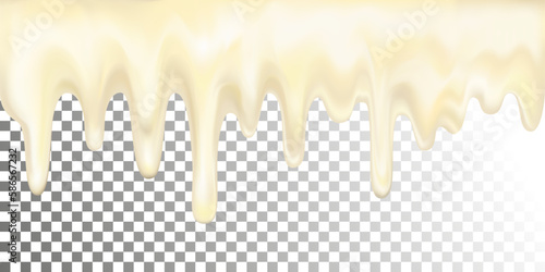 White chocolate leaking, Yogurt cream, Flowing glaze, ice cream melting and flowing on transparent background. Decorating desserts, sweet snacks and cakes with glaze. Dripping thick syrup. 
