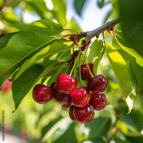 Bunch of Ripe red cherries fruits on a tree branch, green leaves