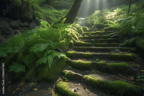 Stone steps in forest path covered with shamrock  ray of sunlight picking through