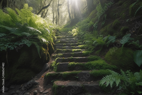 Stone steps in forest path covered with shamrock, ray of sunlight picking through