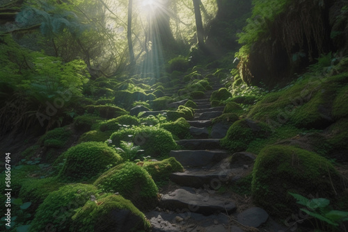 Stone steps in forest path covered with shamrock, ray of sunlight picking through © Gen AI