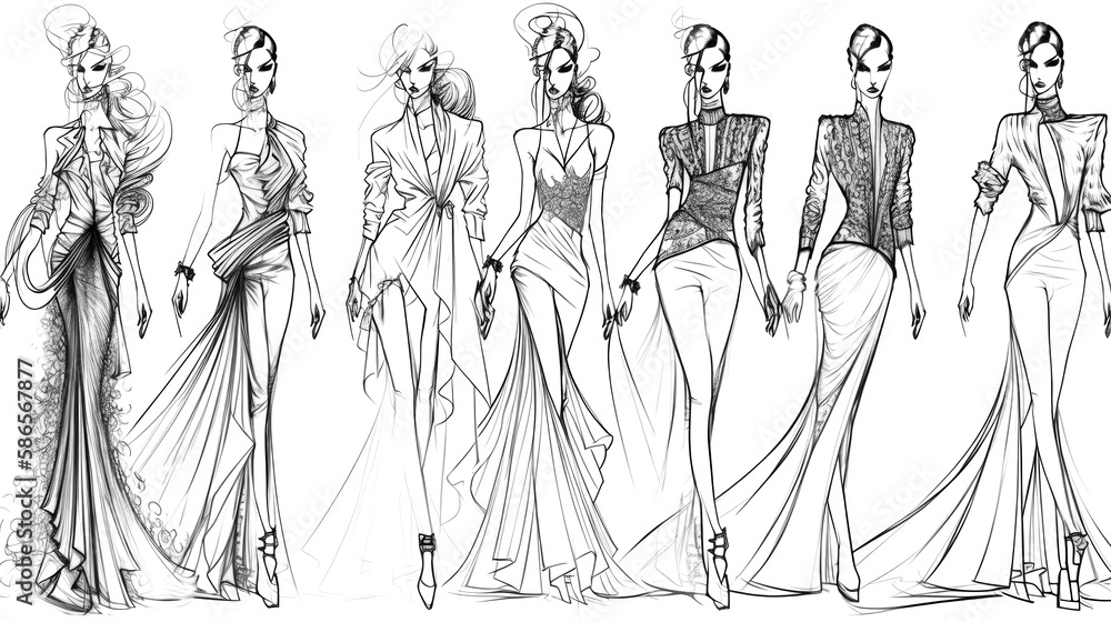 A fashion designer brings style to life in amazing hand-drawn dress sketches, capturing unique patterns and elegant concepts with the stroke of a pen. Generative AI	