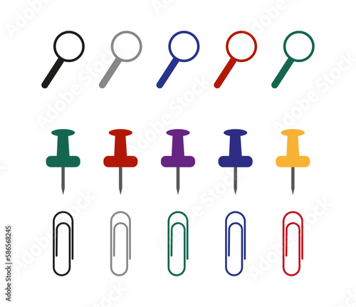 Office set, paper clips, magnifying glass. Vector graphics in cartoon style