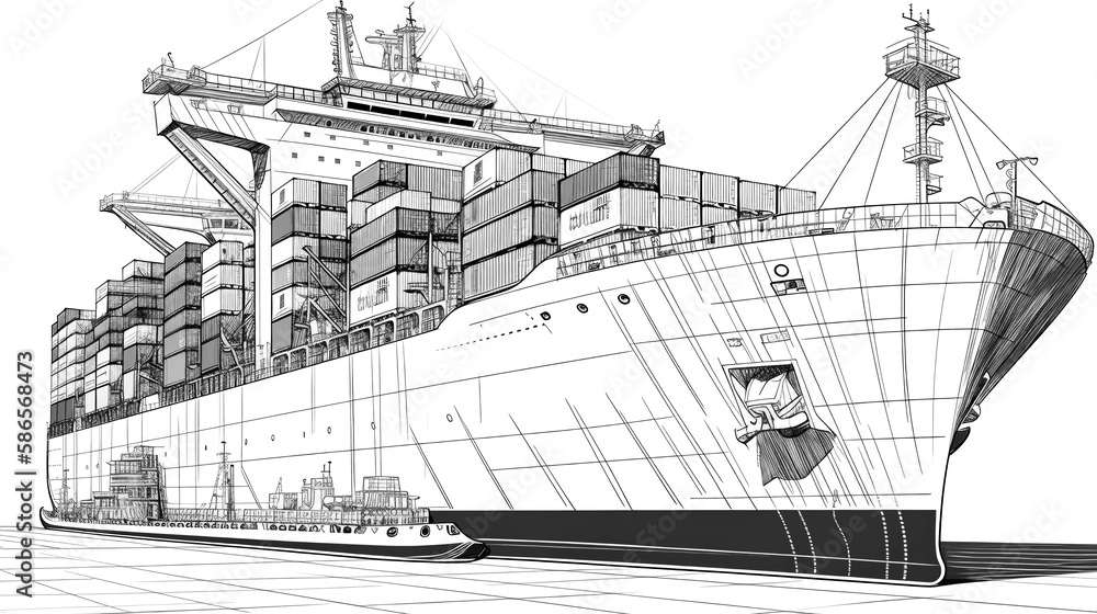 Intricate concept sketches of a container ship transporter, masterfully drawn in ink and pencil, reveal the detailed artistry and engineering behind modern maritime logistics. Generative AI - obrazy, fototapety, plakaty 