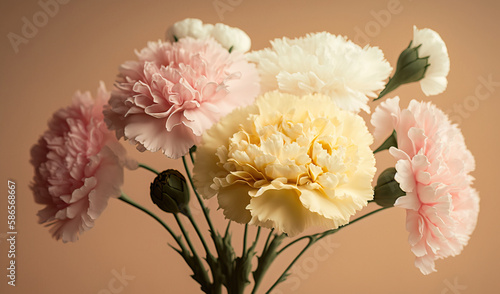  a vase filled with pink and white flowers on top of a table next to a brown wall and a pink wall behind the vase is a pink and white carnation.  generative ai