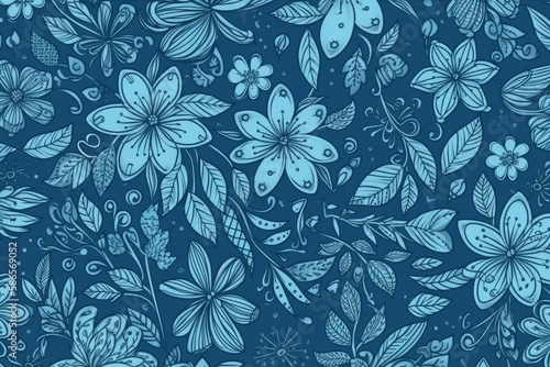 vibrant blue background adorned with colorful flowers and leaves. Generative AI