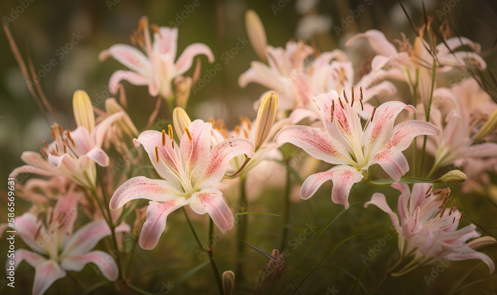 a bunch of pink flowers that are in a field of green grass with a blurry background of grass and flowers in the foreground. generative ai a bunch of pink flowers that are in a field of green grass with a blurry background of grass and flowers in the foreground. generative ai