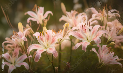  a bunch of pink flowers that are in a field of green grass with a blurry background of grass and flowers in the foreground. generative ai