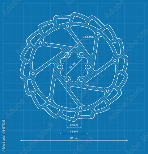 Vector blue blueprint of disc brake bicycle. Size 160 mm