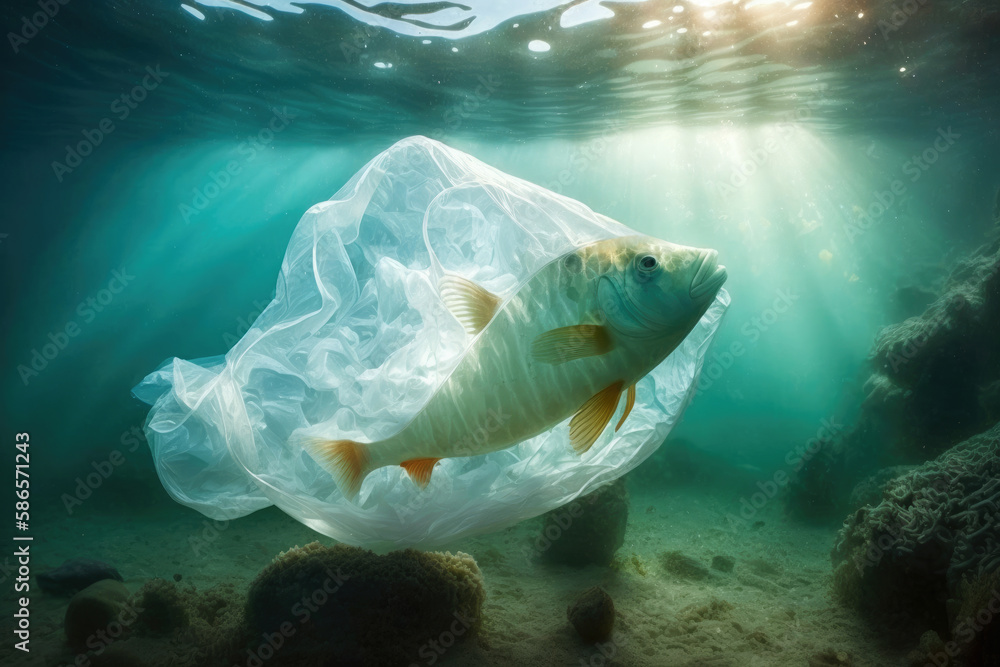 Fish In Plastic Bag. Massive Plastic Pollution Underwater Concept 