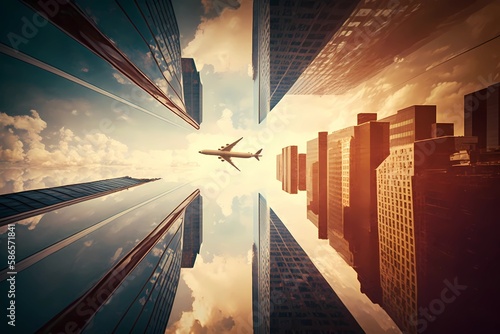 Airplane flying into the crossair of high rise glass reflection buildings offices at metropoline downtown. Generative AI