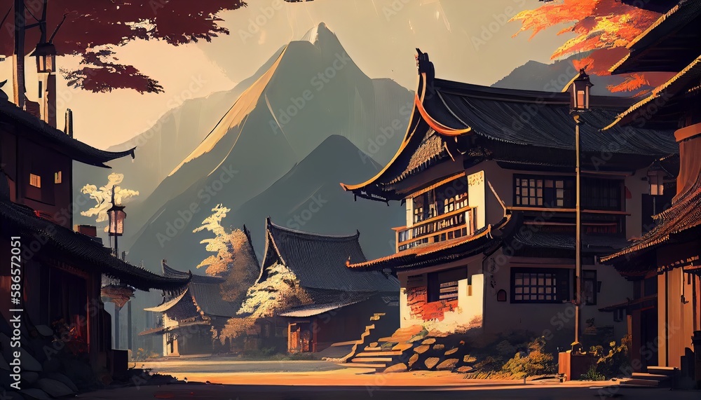 Obraz premium Beautiful Natural Landscape Digital Illustration Pattern Background for Design Travel Tourism Advertising Flyer, T Shirt Print, Bright Romantic vacation Poster etc