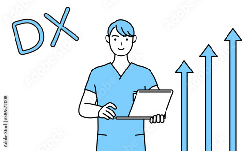 DXのイメージ、業務改善に成功した男性看護師、理学療法士、作業療法士、言語聴覚士、看護助手