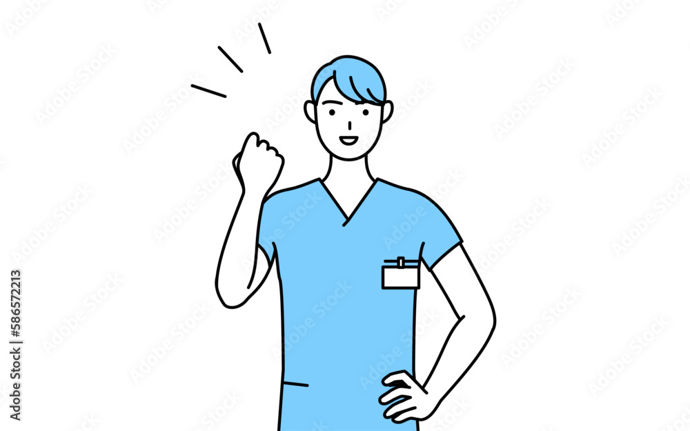 ガッツポーズをする男性看護師、理学療法士、作業療法士、言語聴覚士、看護助手