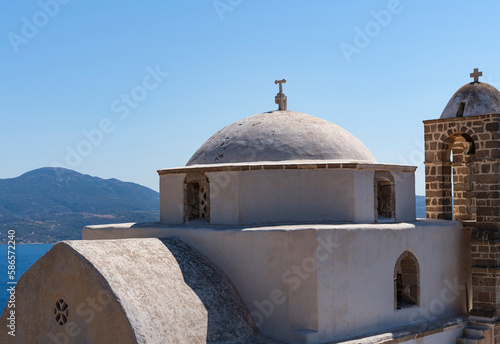 Panagia Thalassitra traditional greek orthodox church with a stone bell tower in Milos ısland at plaka old town village in venetian castle