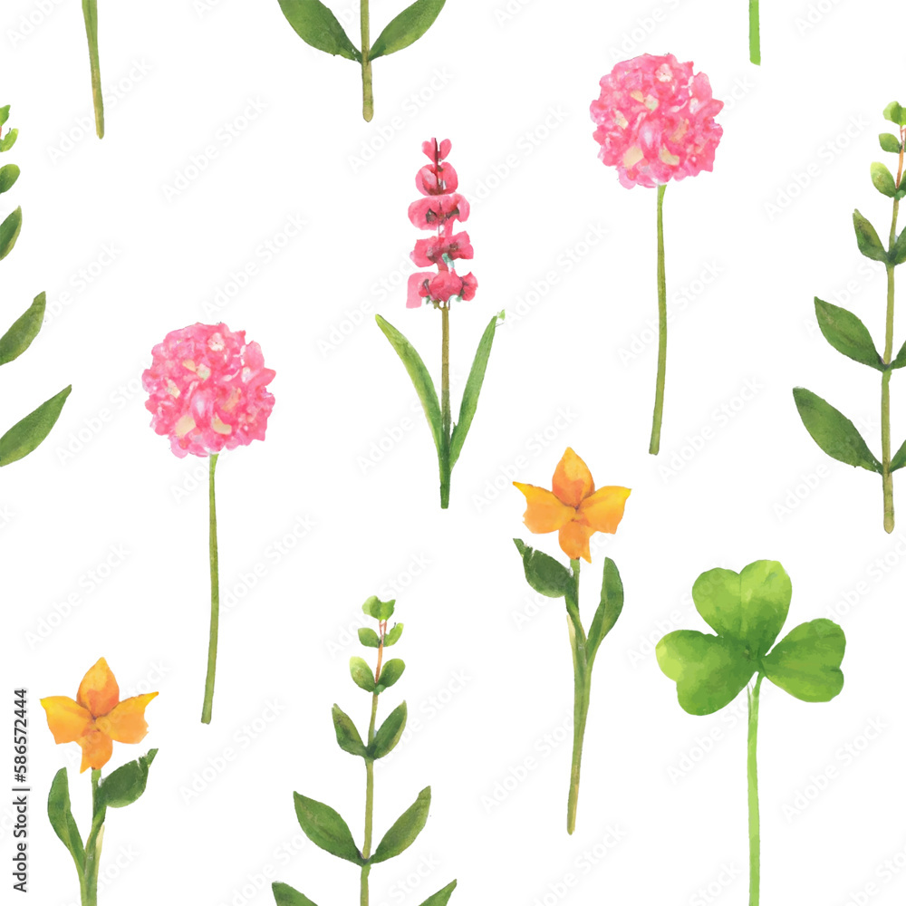 Beautiful Simple wild Flowers background. Watercolor Floral repeat pattern. Generate ai