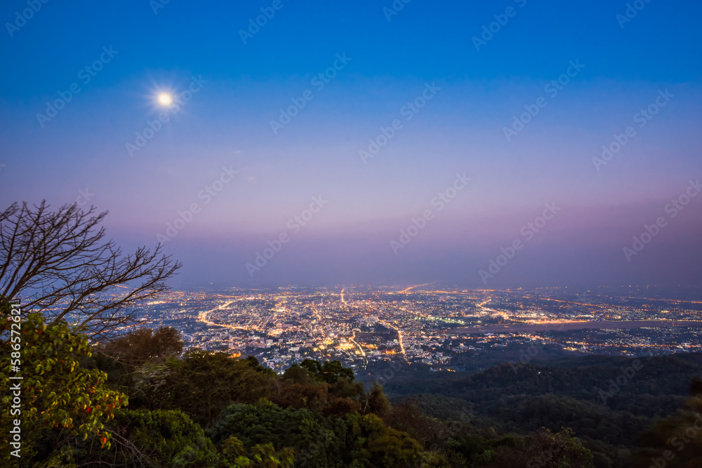 Aerial view, landscape of city at night from the top of mountain