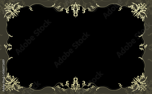 クラシカルで繊細で豪華な唐草模様のフレーム 黒背景 イラスト素材 色違い・差分有