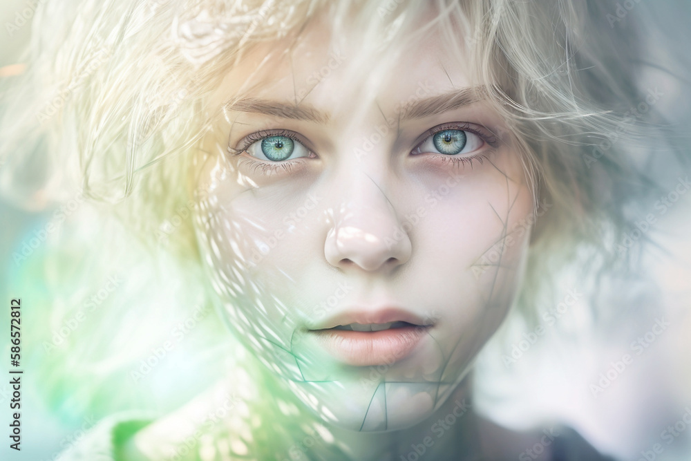 Futuristic portrait of a dreamy person with an overlay of tech elements, screen reflections, soft colors and soft light on blurry background (Generative AI)