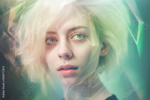 Futuristic portrait of a dreamy person with an overlay of tech elements, screen reflections, soft colors and soft light on blurry background (Generative AI)