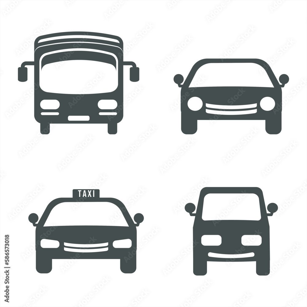 Transportation icon set. black and white illustration vector icons: bus, taxi, car, public transport. Designed in a flat style. Transportation concept icon with outline.