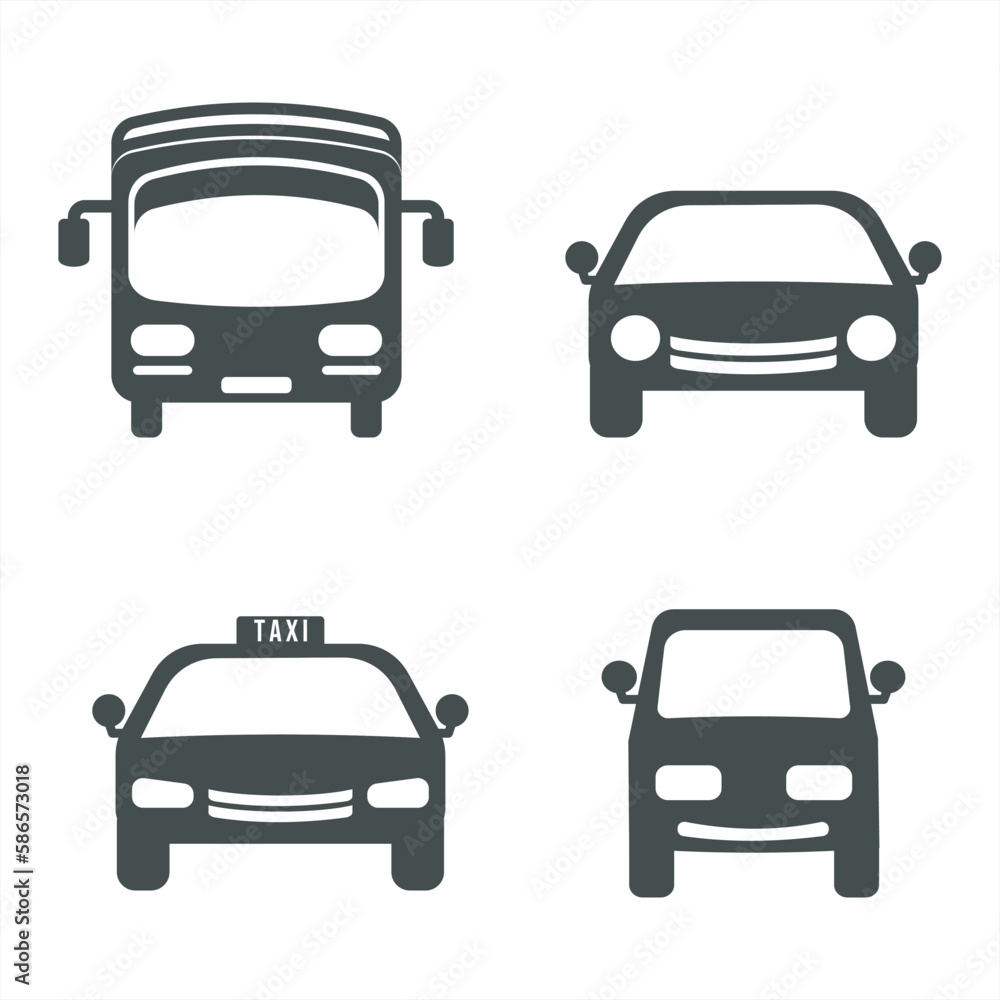 Transportation icon set. black and white illustration vector icons: bus, taxi, car, public transport. Designed in a flat style. Transportation concept icon with outline. Transportation icon set. black and white illustration vector icons: bus, taxi, car, public transport. Designed in a flat style. Transportation concept icon with outline.
