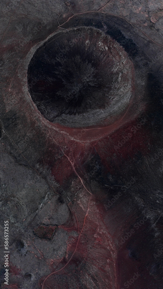View from above, stunning aerial view of Calderon Hondo during a beautiful sunrise. Calderon Hondo is a volcanic caldera in the sland of Fuerteventura, Canary Islands.