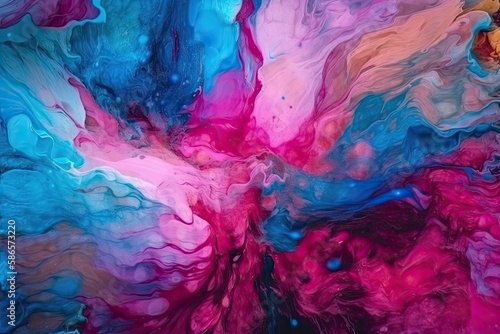 an abstract painting with blue, pink, and yellow colors. Generative AI