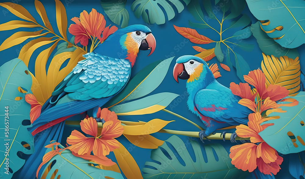 Naklejka premium two parrots are sitting on a branch surrounded by tropical leaves and flowery branches and leaves, with a blue background with orange, yellow, red and green leaves. generative ai