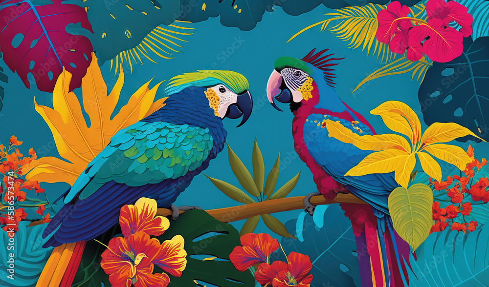 Obraz premium two colorful parrots sitting on a branch surrounded by tropical leaves and flowers on a blue background with red and yellow flowers on the branches. generative ai