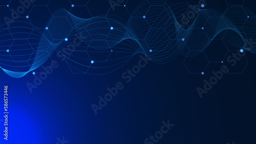 Abstract hexagonal with glowing particles and wave flow on blue background. Molecular  technology  chemistry and data connection backdrop concept.