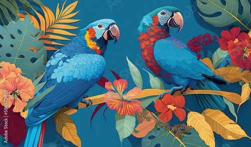  two parrots sitting on a branch with tropical flowers and leaves around them, one of them is blue and the other is red and yellow.  generative ai © Anna