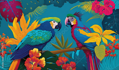  two colorful parrots sitting on a branch surrounded by tropical leaves and flowers on a blue background with red and yellow flowers on the branches. generative ai
