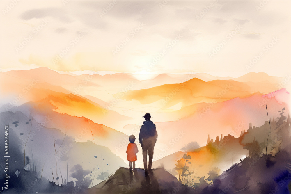 Father and Child in Watercolor Painting