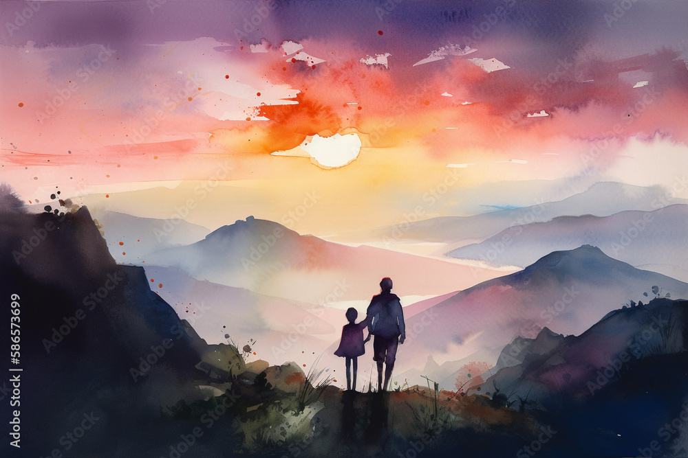 Father and Child in Watercolor Painting
