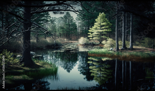  a painting of a forest with a pond and trees in the foreground and a forest with a lake in the middle of the frame.  generative ai