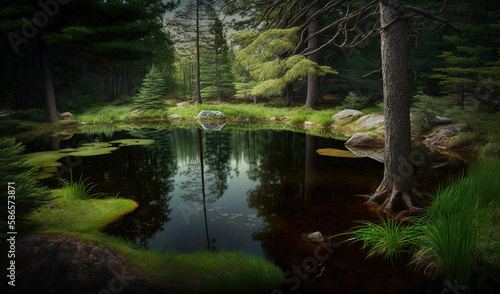  a painting of a pond surrounded by trees and rocks in a forest with rocks and grass on the ground, and a pond in the middle of which is surrounded by rocks and trees. generative ai