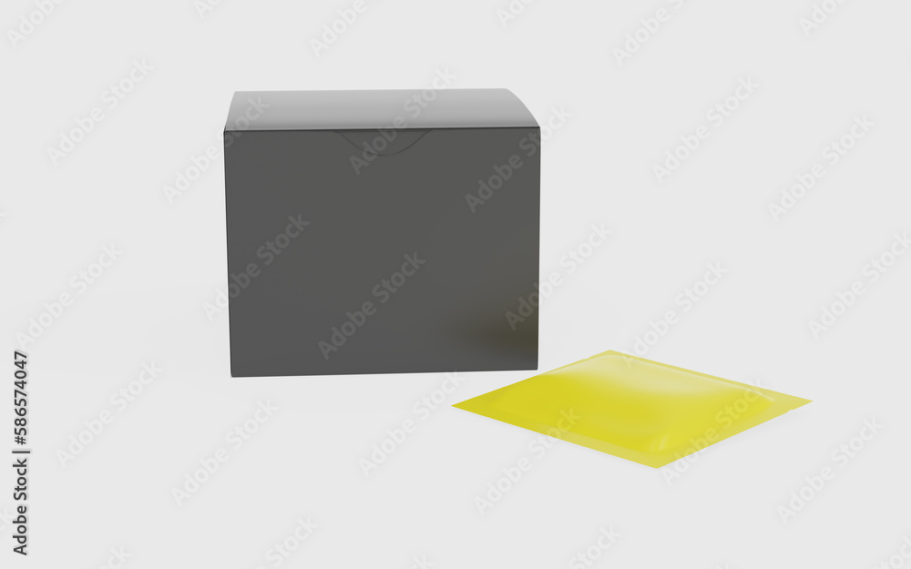 Realistic cardboard box with sachet mockup. Perspective view. 3d illustration isolated on white background. Ready for your design. Realistic cardboard box with sachet mockup. Perspective view. 3d illustration isolated on white background. Ready for your design.