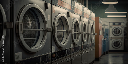 A row of industrial washing machines in a public laundromat. Dry cleaning clothes clean cloth chemical process laundry industrial drycleaning. Realistic 3D illustration. Generative AI