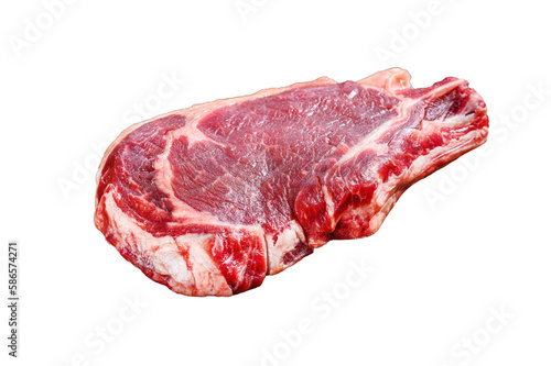 Raw cowboy or rib eye steak on the bone. Marble beef meat ribeye. Isolated, transparent background.