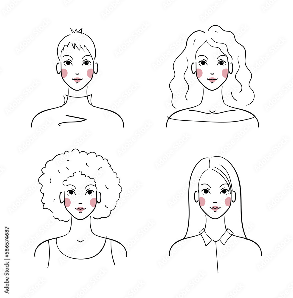 Set of linear portraits of beautiful girls, faces for cosmetics, beauty salon, personal care. Young women of different nationalities with different hairstyles. Set of isolated vector illustrations. Set of linear portraits of beautiful girls, faces for cosmetics, beauty salon, personal care. Young women of different nationalities with different hairstyles. Set of isolated vector illustrations.