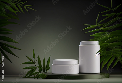 White jar of cream on a stand on a green background with tropical leaves . Stylish look of the product, mock up, identity. AI Generated