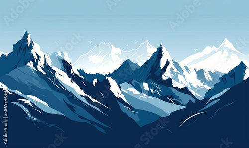  a blue and white mountain range with snow on the top of the mountain and a blue sky above the mountain range is a silhouette of the mountain range.  generative ai © Anna