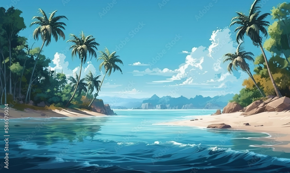  a painting of a tropical beach with palm trees and a blue sky in the background with clouds in the sky and water in the foreground.  generative ai
