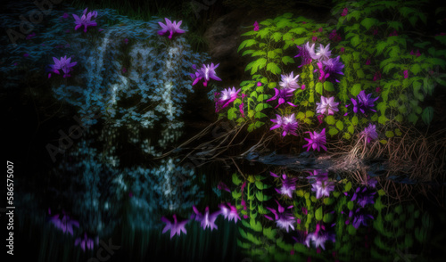  a painting of purple flowers and green plants reflected in a body of water with water reflections on the surface of the water and the plants in the foreground.  generative ai