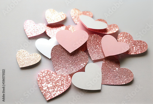 pink heart glittering top view isolated on grey background. AI Generated